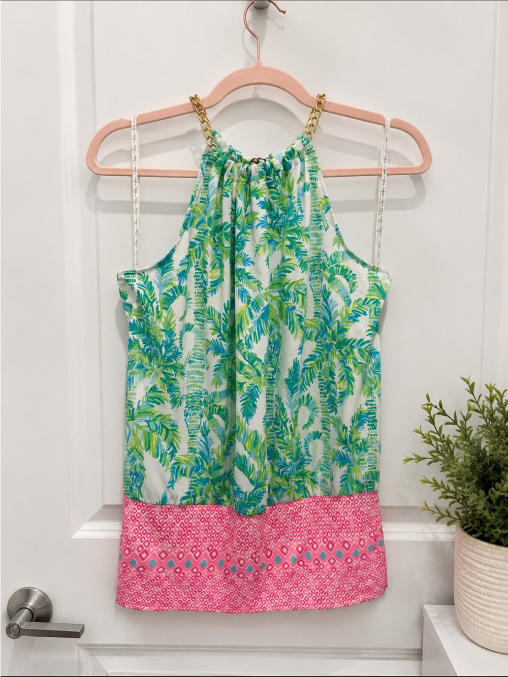 Lilly Pulitzer XS Tropical Palm Print Gold Chain Halter Tank Top Pink Green